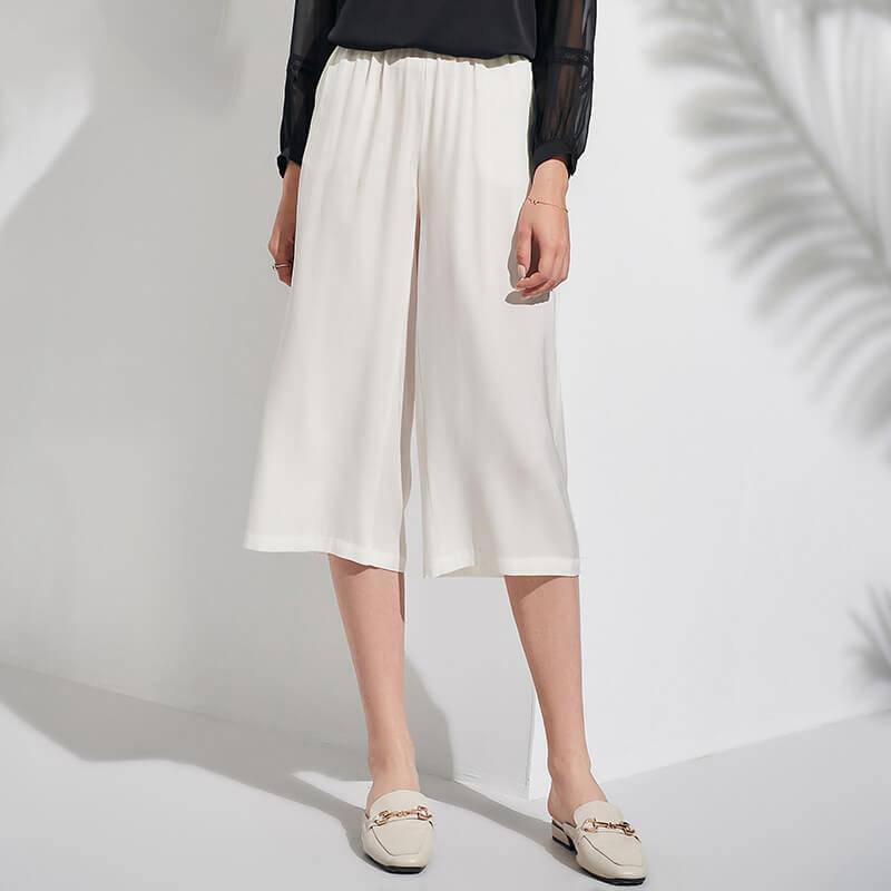 Silk Cropped Pants For Women Loose Silk Culotte Pants Work Silk Trousers White XS