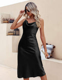 Silk Midi Dress For Women Cowl Neck Pure Formal Dresses Black XS