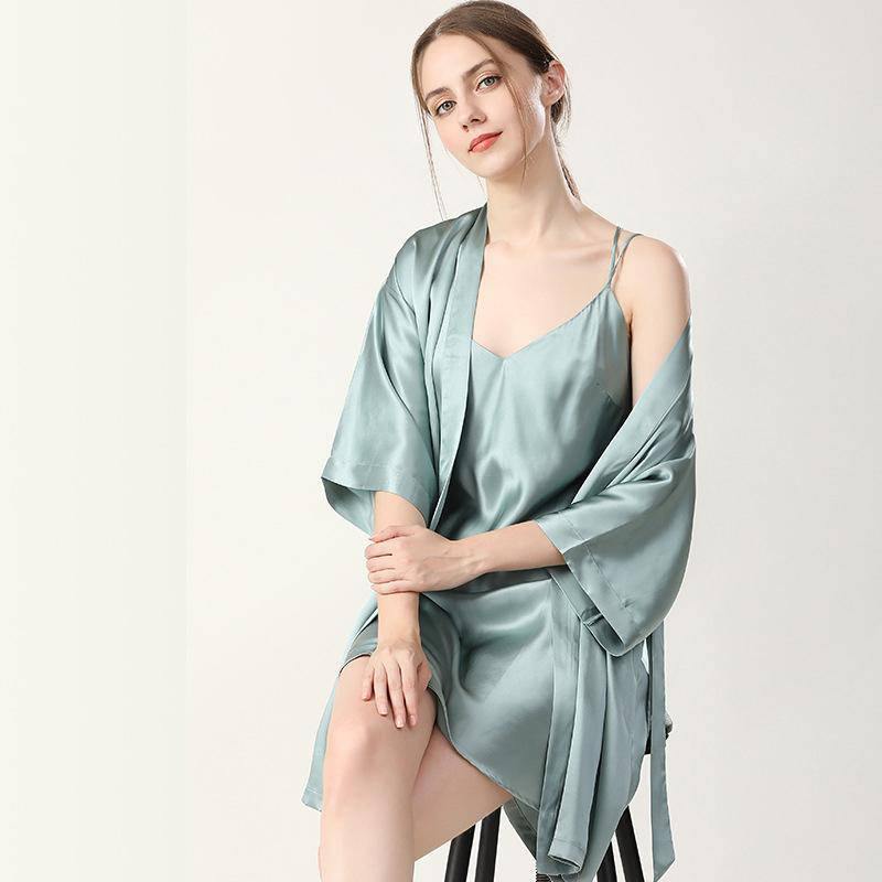 Matching Silk Slip Dress Silk Kimono Robe Womens Two Piece Silk Set Green XS