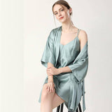Matching Silk Slip Dress Silk Kimono Robe Womens Two Piece Silk Set Green XS