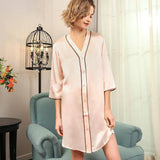 Button Down Silk Sleep Shirt with Contrast Piping Silk Nightshirt For Women Pink XS
