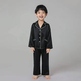 Boys Classic Silk Pajama Set with Piping Long Sleeve Button Down Silk Pajamas Black XS