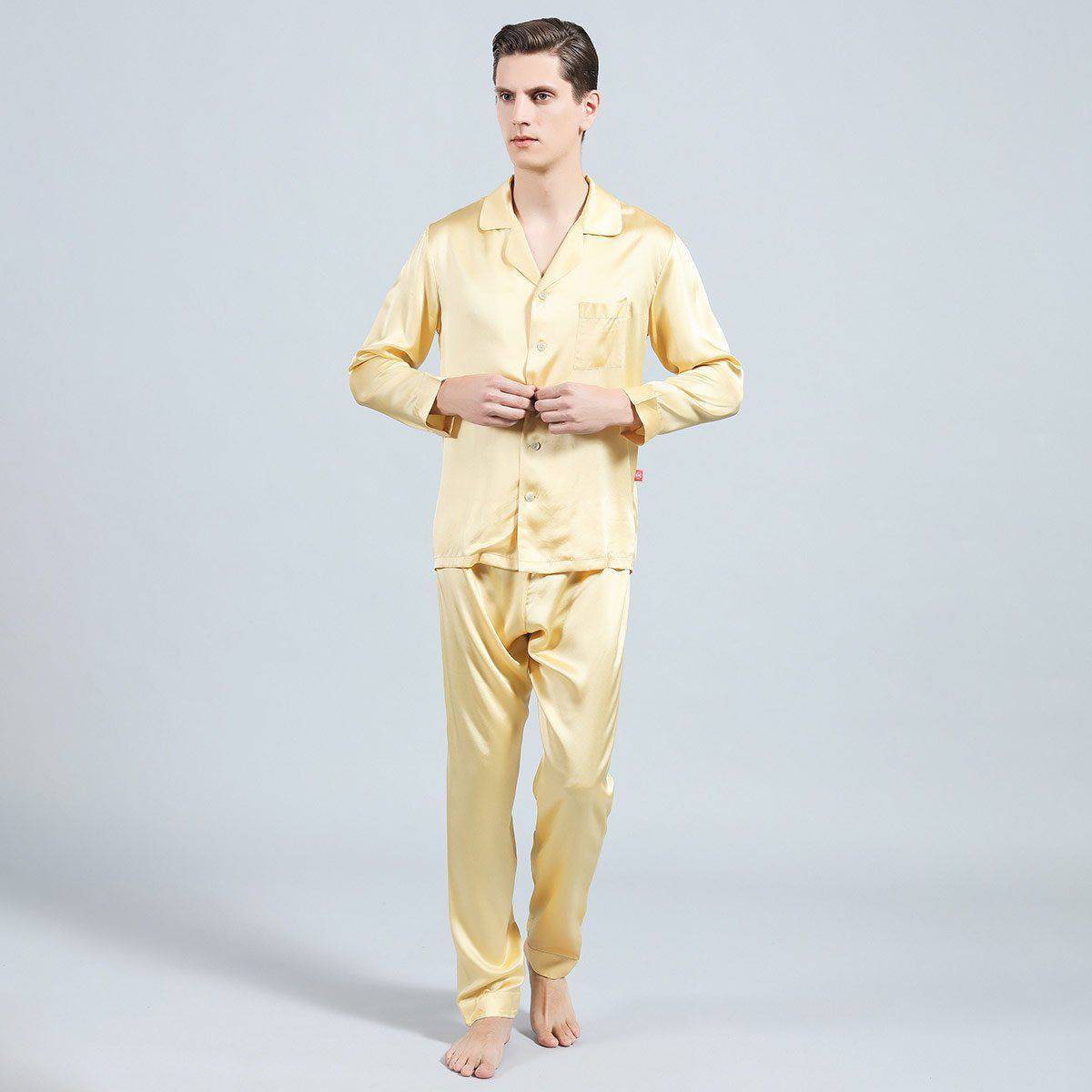 Silk Pajamas for Men Long Sleeve Gold L
