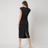 Silk Premium Fitted Shoulder PAD Dress Ladies Elegant Lenth Silk Dress Black S