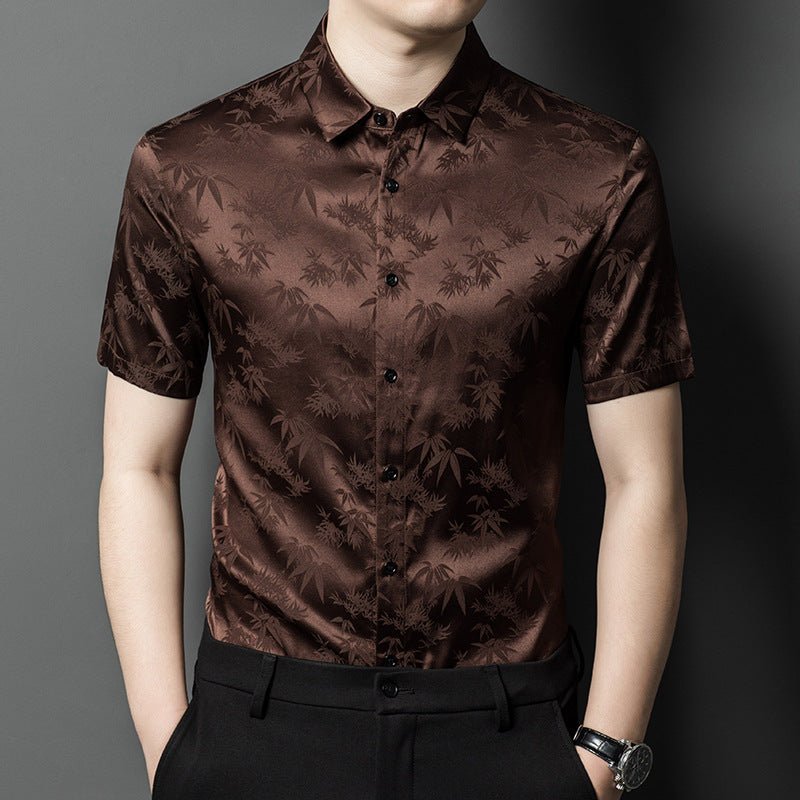 Silk Shirts for Men Short Sleeve Bamboo Jacquard Silk Dress Shirt XS Brown