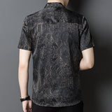 Silk Shirts for Men Short Sleeve Baroque Pattern Silk Dress Shirt XS Black