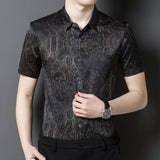 Silk Shirts for Men Short Sleeve Baroque Pattern Silk Dress Shirt XS Black
