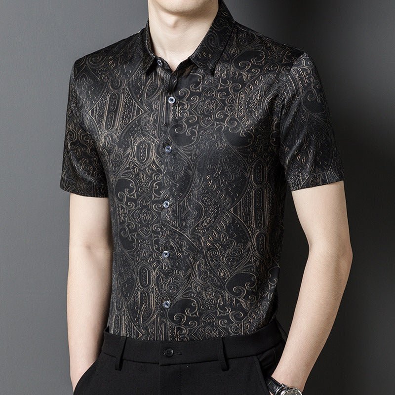 Silk Shirts for Men Short Sleeve Baroque Pattern Silk Dress Shirt XS Black