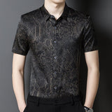 Silk Shirts for Men Short Sleeve Baroque Pattern Silk Dress Shirt XS Black