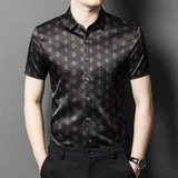 Silk Shirts for Men Short Sleeve Geometric Diamond Pattern Silk Dress Shirt S Black