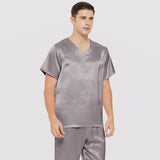 Mens Short Silk Pajama Set Silk Two Piece V Neck Silk Sleepwear Dark Gray S