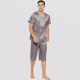 Mens Short Silk Pajama Set Silk Two Piece V Neck Silk Sleepwear Dark Gray S