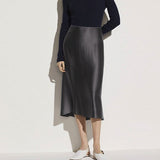 Silk Skirt For Women Elastic Waistband Silk Midi Skirts Black XS
