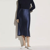 Silk Skirt For Women Elastic Waistband Silk Midi Skirts Navy Blue XS