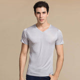 Silk Tee For Mens Silk Knitted V Neck T Shirts Silk Undershirts Silver Gray S
