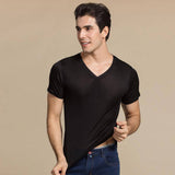 Silk Tee For Mens Silk Knitted V Neck T Shirts Silk Undershirts Black S