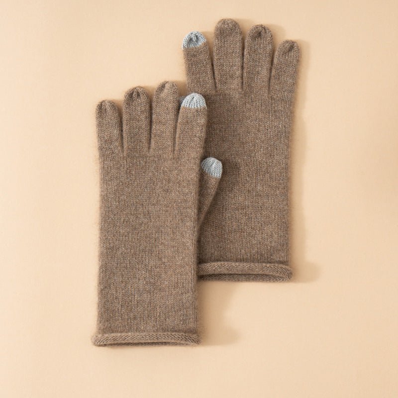 Soft Knit Cashmere Gloves Touch Tip Design Roll Edge Hem Taupe M