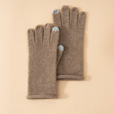 Soft Knit Cashmere Gloves Touch Tip Design Roll Edge Hem Taupe M