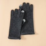 Soft Knit Cashmere Gloves Touch Tip Design Roll Edge Hem Dark Grey M
