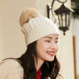 Pure Cashmere Cable Knit Beanie With Fur Pom Ribbed Winter Hat Beige M