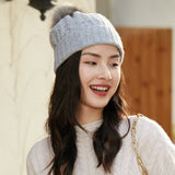 Pure Cashmere Cable Knit Beanie With Fur Pom Ribbed Winter Hat Gray M