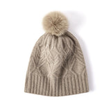 Pure Cashmere Beanie Hat With Fur Pom Leaf Cable Knit Winter Hat Taupe M