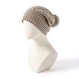Pure Cashmere Beanie Hat With Fur Pom Leaf Cable Knit Winter Hat Taupe M
