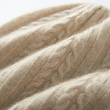 Classic Cable Knit Cashmere Beanie Ribbed Cuff Wheat Ear Pattern Hat Beige M