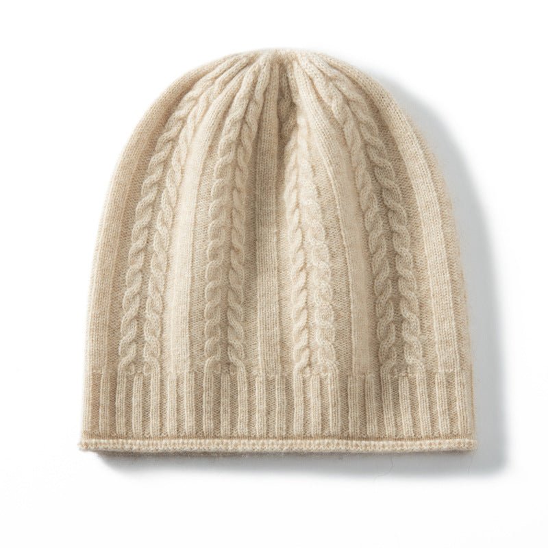 Classic Cable Knit Cashmere Beanie Ribbed Cuff Wheat Ear Pattern Hat Beige M