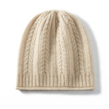 Classic Cable Knit Cashmere Beanie Ribbed Cuff Wheat Ear Pattern Hat Beige M