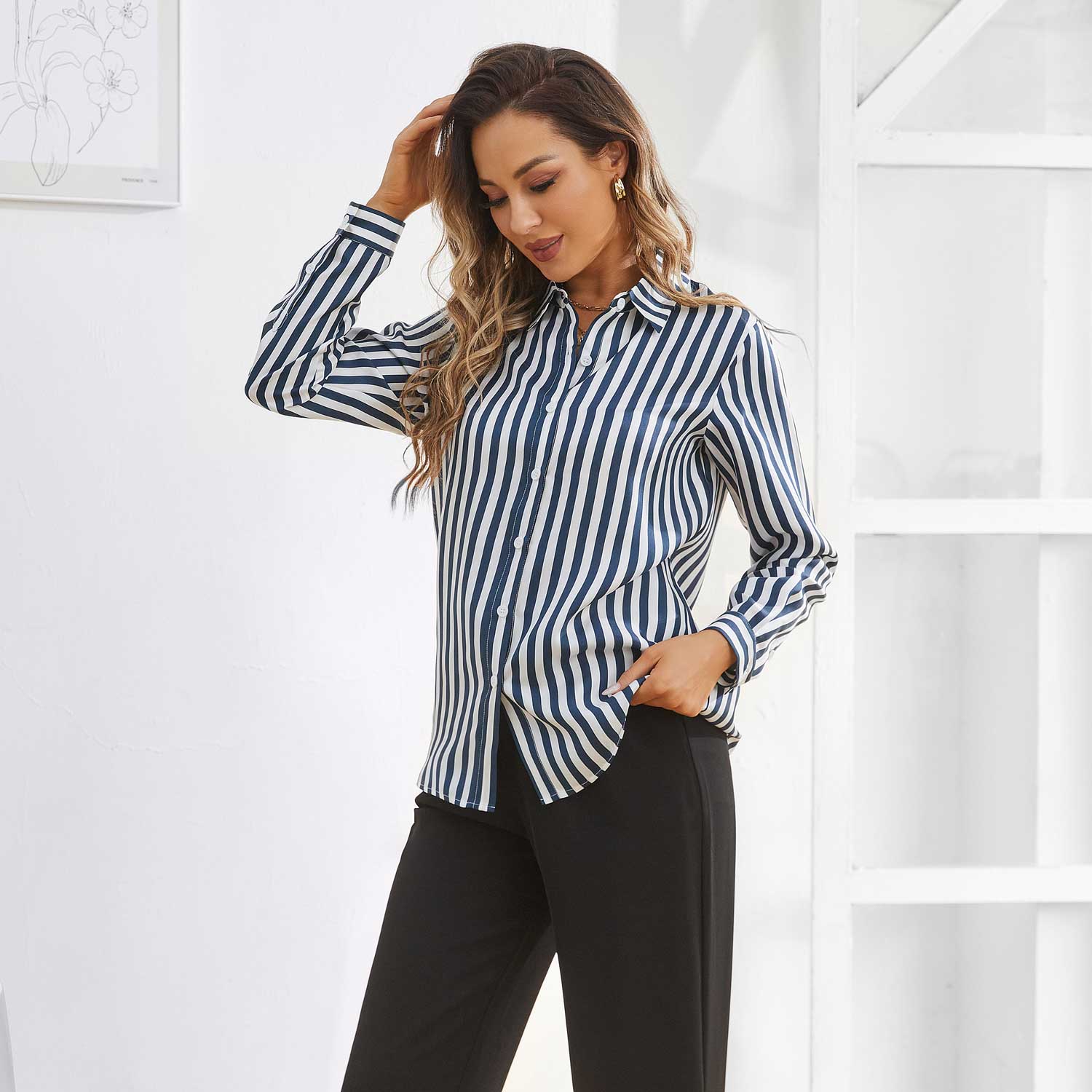 Women Stripe Silk Button Down Blouse Office Work Silk Shirts Blue XS