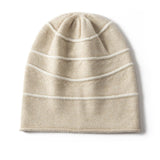 Striped Pure Cashmere Beanie Horizontal Stripe Cashmere Winter Hat Beige M