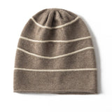 Striped Pure Cashmere Beanie Horizontal Stripe Cashmere Winter Hat Taupe M