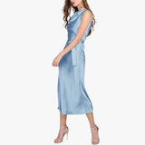 Womens Silk Sleeveless Dress Cowl Neck Silk Midi Dress Wedding Guest Dresses Haze Blue XS