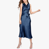 Womens Silk Sleeveless Dress Cowl Neck Silk Midi Dress Wedding Guest Dresses Dark Blue XS