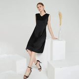 Summer Party Silk Dress Sleeveless V Neck Pure Silk Dresses Black XS