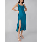 Summer Silk Dress Ladies Cowl Neck Pure Silk Slip Dress Dark Teal XS