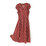 Summer Silk Floral Dress for Women Cap Sleeves Silk Dresses Red S