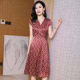 Summer Silk Floral Dress for Women Cap Sleeves Silk Dresses Red S