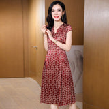 Summer Silk Floral Dress for Women Cap Sleeves Silk Dresses Red S
