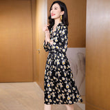 Summer Silk Floral Dress Long Sleeve Wedding Guest Party Dresses Black S