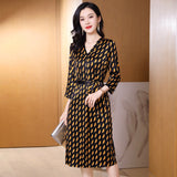 Summer Silk Floral Dress Printed V Neck Silk Midi Dress Black S