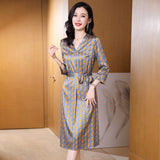 Summer Silk Floral Dress Printed V Neck Silk Midi Dress Gray S