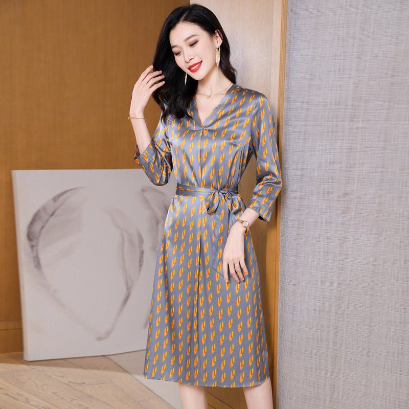 Summer Silk Floral Dress Printed V Neck Silk Midi Dress Gray S