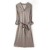 Summer Silk Floral Dress Printed V Neck Silk Midi Dress Gray S