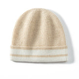 Pure Cashmere Ribbed Beanie Hat With Stripe Thick Cashmere Winter Hat Beige M