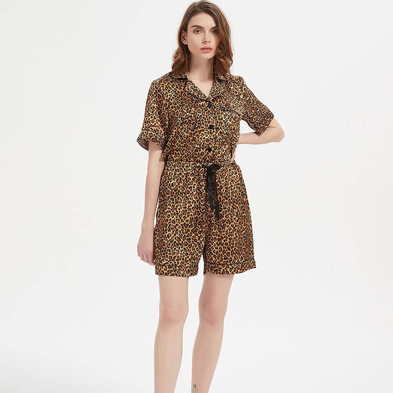 Two - piece Leopard Printed Silk Pajama Shorts Set Leopard Print S