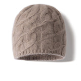 Unisex Cable Knit Cashmere Beanie Chunky Cashmere Hat Ribbed Trim Taupe M