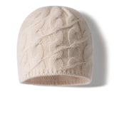 Unisex Cable Knit Cashmere Beanie Chunky Cashmere Hat Ribbed Trim Beige M