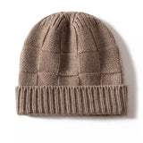 Unisex Checkered Cashmere Beanie Ribbed Brim Cashmere Knit Hat Taupe M